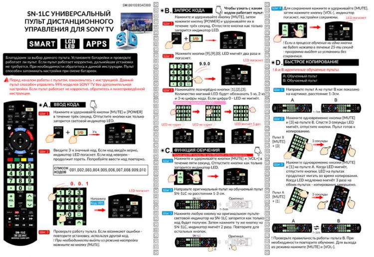 Пульт дистанционного управления для SONY universal SN-1LC (корпус типа RM-ED58 3D, NETFLIX, YOUTUBE, с функцией обучения)блистер