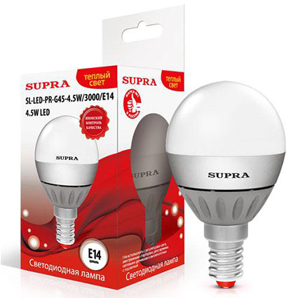 Лампа светодиодная E14 4.5W Шар мини ?45мм h77мм 3000K-тёп. 350лм (SL-LED-PR-G45-4.5W/3000/E14)