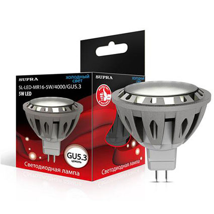 Лампа светодиодная GU5.3 5(45)W Рефл. ?50мм h52мм 4000K-хол. 400лм (SL-LED-MR16-5W/4000/GU5.3-N)