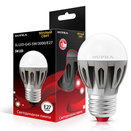 Лампа светодиодная E27 5(40)W Шар мини ?45мм h82мм 3000K-тёп. 400лм (SL-LED-G45-5W/3000/E27)