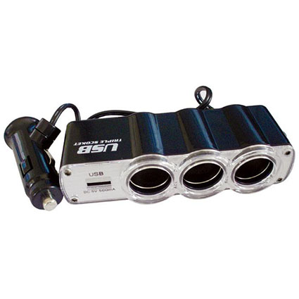 Разветвитель в гнездо прикуривателя SCP1-4U (12/24V) на 3 гнезда(12V/5A) 80W+ USBвход (5V/500мА)