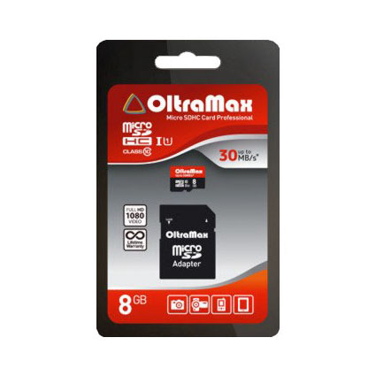 ����� ������ Micro SDHC  8Gb Class 10 UHS-1 30 MB/s c ��������� SD