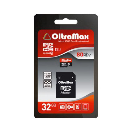 ����� ������ Micro SDHC 32Gb Class 10 UHS-1 80 MB/s c ��������� SD
