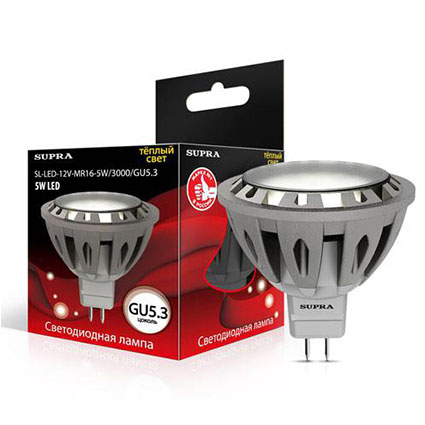Лампа светодиодная GU5.3 5(35)W Рефл. ?50мм h52мм 3000K-тёп. 350лм (SL-LED-12V-MR16-5W/3000/GU5.3)