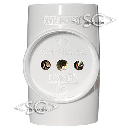 Тройник сетевой Toker 3T16 max 16A, 3,5кВт белый, ABS пластик, инд. упаковка