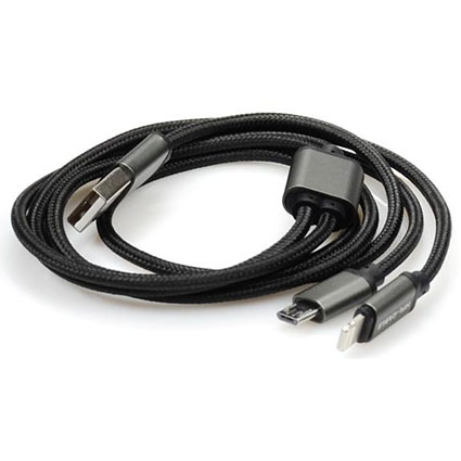 Шнур 2.0 USB A MALE- micro USB 5P+Apple Lightning(iPhone/iPad/iPod) 1,0м OD:3.5 мм ткань/чёрный
